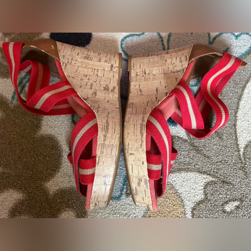 Red Striped Wedge Sandals - Picture 2 of 5